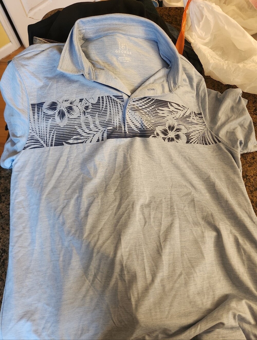 George Men's Polo Shirt | Size Large | Light Blue Hawaiian Floral Print